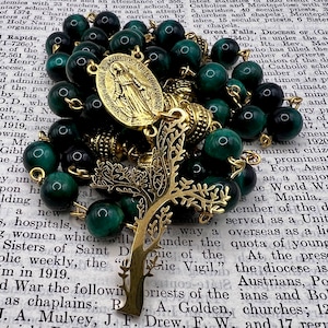 Handmade in Scotland - Green Tigers Eye Gold Catholic Rosary Beads Virgin Mary Miraculous Medal Tree of life Celtic