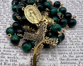 Handmade in Scotland - Green Tigers Eye Gold Catholic Rosary Beads Virgin Mary Miraculous Medal Tree of life Celtic