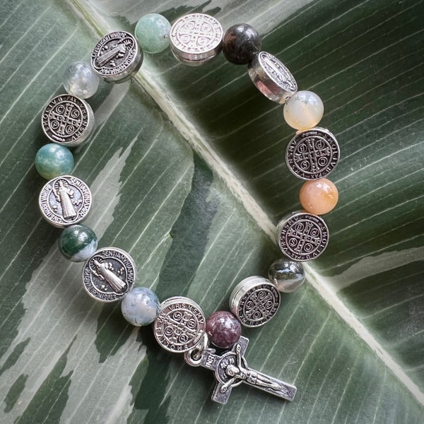 Handmade in Scotland Saint Benedict Rosary Catholic Christian Prayer Bead Bracelet with detailed Agate