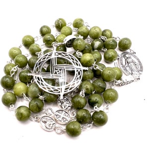 Handmade in Scotland Connemara Green Marble Irish Rosary saint Brigid's Cross Virgin Mary Miraculous Medal Celtic Knot Silver Catholic Gift