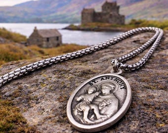 Saint Anthony Silver Catholic Medal Necklace, Devotional Pendant