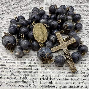 Labradorite Catholic Rosary: Handmade Smoky Black Prayer Beads with Celtic Cross