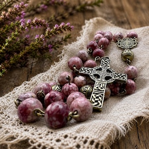 Handmade Catholic Rosary: Chrysanthemum Stone, Celtic Cross, Antiqued Brass