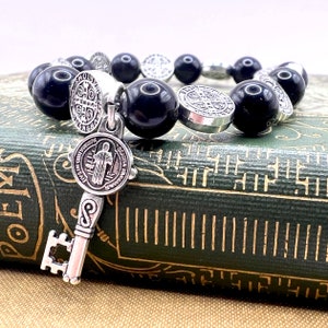 Handgemaakte obsidiaan rozenkrans armband met katholieke christelijke Maagd Maria wonderbaarlijke medaille