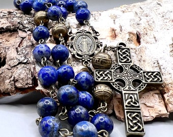 Traditional Handmade Catholic Rosary with Celtic Cross lapis lazuli Beads Designed and made in Scotland by us for you with love