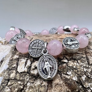 Handmade Pink Quartz Rosary Bracelet: Catholic Crucifix & Miraculous Medal