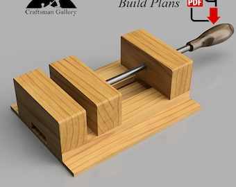 May include: A wooden woodworking vise with a handle and a screw. Build Plans PDF is written on the image.