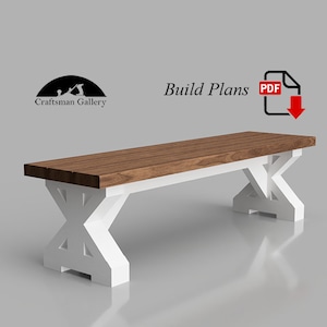 May include: Build Plans PDF - A wooden bench with a brown top and white X-shaped legs. The bench is on a white surface.
