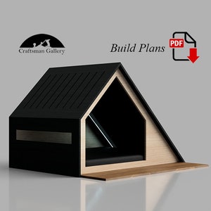 May include: A modern dog house design with a black roof and sides, and natural wood trim. The image includes the text "Build Plans" and a PDF icon, suggesting downloadable plans for construction. The Craftsman Gallery logo is in the upper left corner.
