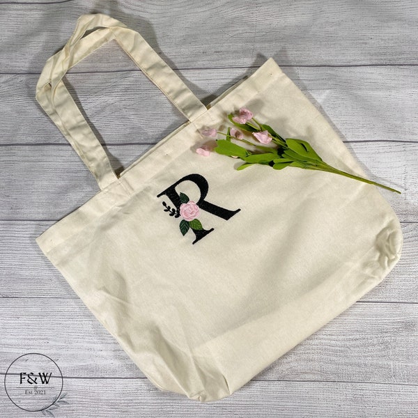 Florale Tragetasche personalisiert, Besticktes Monogramm Tote Bag, Initial Tote Bag, Muttertagsgeschenk, Brautjungfer Geschenk, Lehrer Geschenk