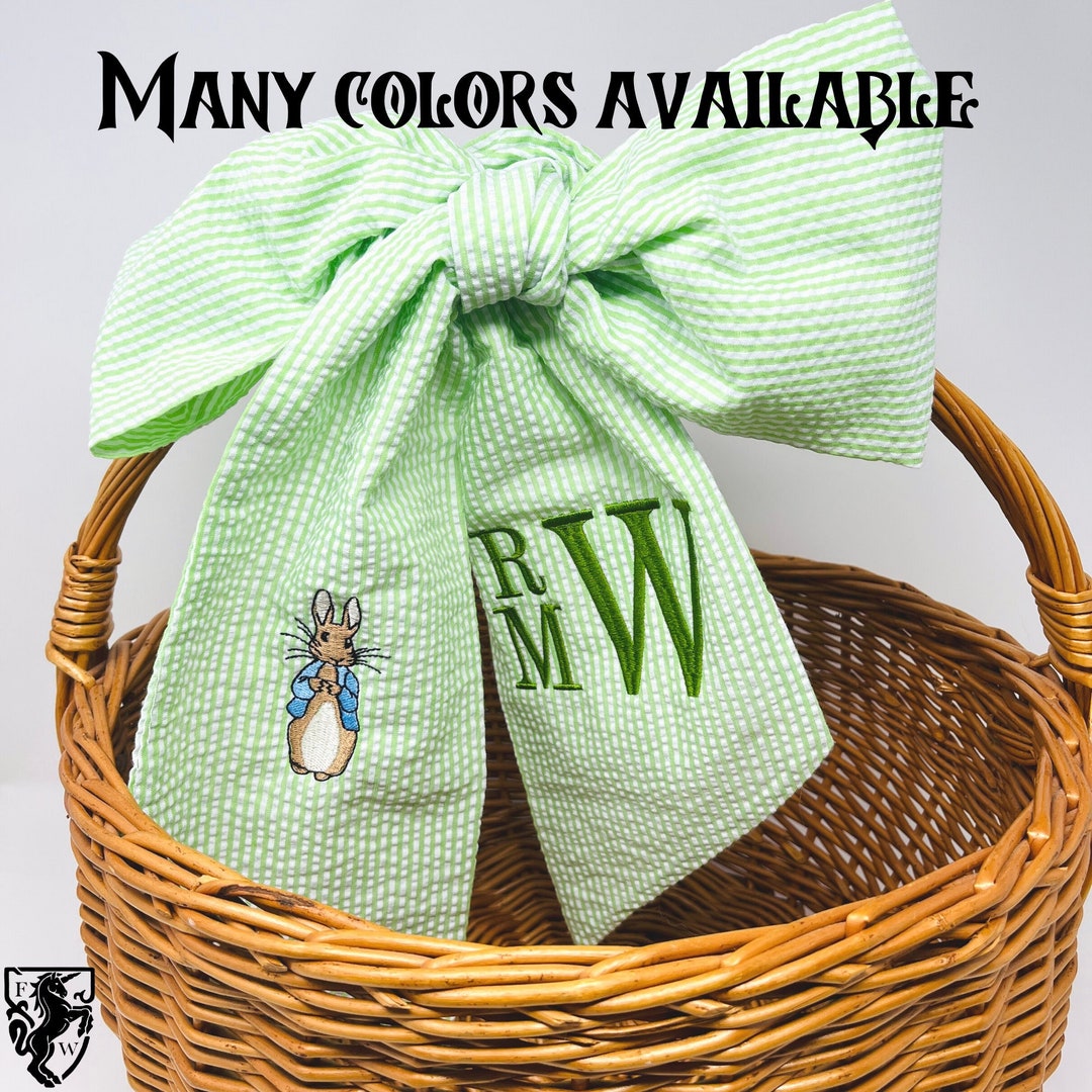 Personalized Easter Basket Bow, Seersucker Easter Bow, Easter Sash for Wreath, Monogram Easter