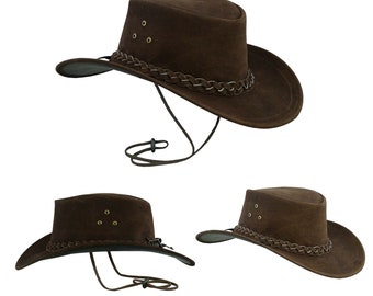 Real Leather Western Aussie Style Cuir Femmes Cowboy Outback Brown Hat Taille S-XXL