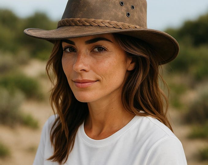 Women Real Leather Australian Western Style Hat Ladies Cowboy Brown Foldable Bush Hat