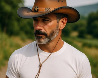 Puede incluir: Un sombrero de vaquero marrón y negro con una banda decorativa con una estrella y un diseño circular. El sombrero tiene un ala ancha y una correa para la barbilla. El sombrero lo lleva una persona que lleva una camiseta blanca.