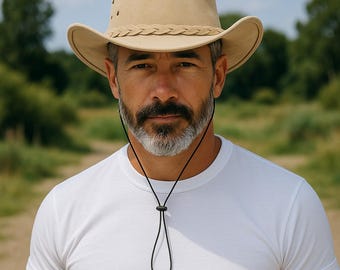 Chapeau de cowboy australien en cuir véritable style bush australien en daim Outback beige