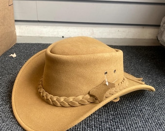 Men Tan Suede Leather Cowboy Hat Unisex Aussie Outback Style Hat
