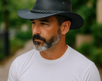 Vintage Dollywood Leather Western Hat | Black Cowboy‎ Hat | Braided Band Vintage Dollywood DW Cowboy Hat Black Genuine Leather Cowboy  main image 3