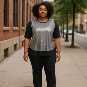 May include: A woman wearing a black top with silver sequins and black pants stands on a sidewalk. The top has short sleeves and a round neckline. The pants are straight-legged. The background includes a brick building and trees.