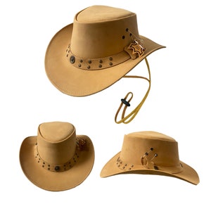 Tan Western Style Real Fine Soft Leather Cowboy Outback Hat Real Leather Aussie  Hat Size S-XXL