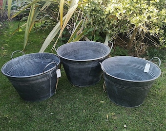 Set Of 3 Round Vintage Zinc Galvanised Metal Garden Flower Planter Tub Pot (XL)