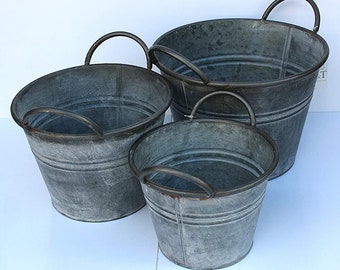 Set Of 3 Round Vintage Zinc Galvanised Metal Garden Flower Planter Tub Pot (M)