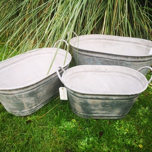 Set Of 3 Trough Vintage Grey Zinc Galvanised Metal Garden Planter Flower Pot/Tub