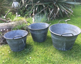 Set Of 3 Round Vintage Zinc Galvanised Metal Garden Flower Planter Tub Pot (L)