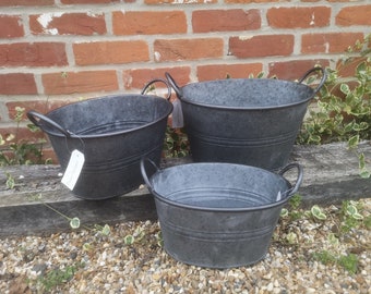 3X Vintage Oval Style Grey Zinc Galvanised Metal Garden Flower Planter Tub Pot Bucket