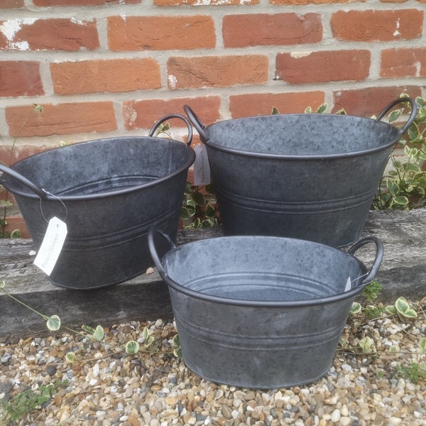 3X Vintage Oval Style Grey Zinc Galvanised Metal Garden Flower Planter Tub Pot Bucket