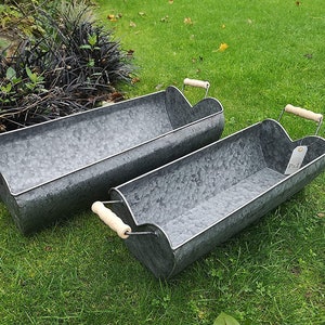 Pair Of Heart Trough Vintage Grey Zinc Galvanised Metal Garden Planter Flower Pot