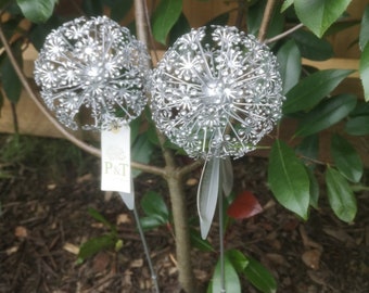Pair Of Dandelion Allium Flower Garden Stake Sliver Gift