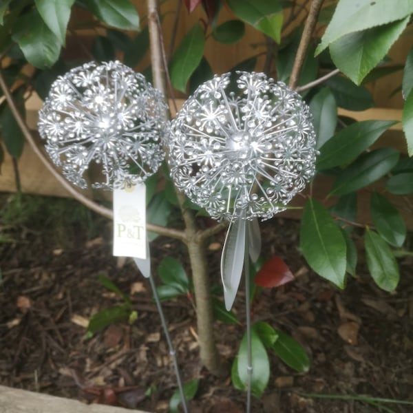 Pair Of Dandelion Flower Garden Stake Sliver