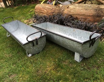 Pair Of Metal Trough Vintage Style Grey Zinc Galvanised Metal Garden Planter Flower Tub Pot