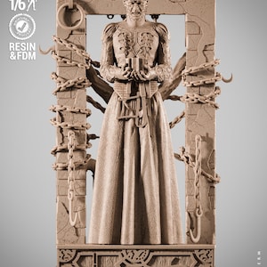 May include: A light brown 1/6 scale resin figure of a humanoid character with a grid-patterned head, wearing a long robe and holding a cube. The figure stands within a stone-like frame wrapped in chains with hooks, featuring text: PRESUPPORTED TESTED SCALE 1/6 RESIN & FDM WICKED.