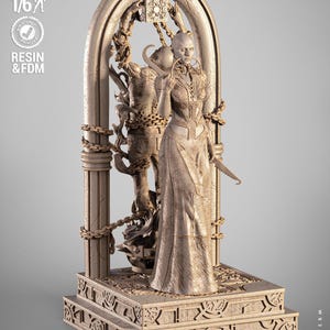 May include: A 1/6 scale resin and FDM 3D printed figurine featuring a bald figure in a long gown holding a curved blade, standing before an arched gateway with chains and a puzzle box. The base is rectangular with intricate geometric carvings.