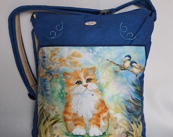 Wide blue zip-top shoulder bag, spacious laptop bag, cat bag, vertical shopper, large shoulder bag