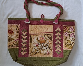 Vintage shopper, handmade shopping bag, burgundy handbag, tote bag, casual bag, travel bag, weekend bag, bag with flowers