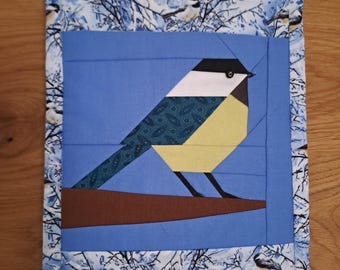 Narrow hanging organizer with patchwork birds, functional textile art hanging storage, wall-mounted storage bag.
