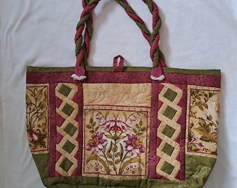 Vintage shopper, handmade shopping bag, burgundy handbag, tote bag, casual bag, travel bag, weekend bag, bag with flowers