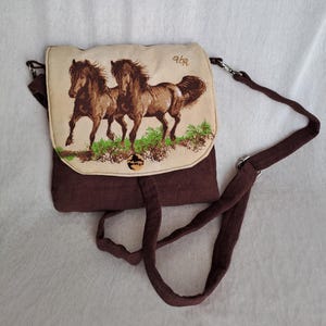Sac en lin pour enfant avec motif cheval, petit sac marron, sac à bandoulière cousu main, sac en tissu pour smartphone, sac à bandoulière
