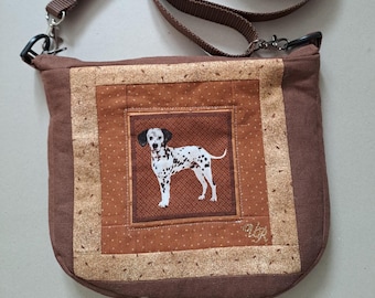Cotton fabric shoulder bag with dog motif, small brown handmade children's bag with dog, smartphone bag, shoulder bag
