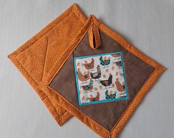 Usable potholders with chicken motif, pair, sewn, fabric potholders, kitchen pot holders, kitchen decor, gift for home, chicken lovers