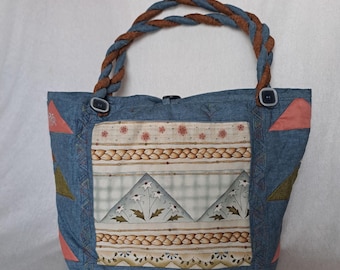 Blue women's casual bag made of fabric, handmade and lightweight, shopping bag with button closure, tote bag, weekender, shopper