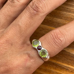 Peridot and Garnet Geometric Thick Sterling Silver Ring