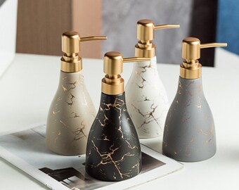 Shampoo Conditioner Bottles With Gold Pump Dispenser, Refillable Ceramics Marbling Bathroom Bottles,  For Hand Soap, Cream, Gift for home