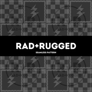 May include: A seamless pattern design featuring a repeating checkerboard pattern in shades of gray. Each square contains a lightning bolt graphic and the text "RAD+RUGGED". The words "SEAMLESS PATTERN" are also included.