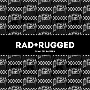 May include: Black and white seamless pattern with the text "MAMA'S BOY" in a stylized font, flames, and a checkered design. The words "RAD+RUGGED" and "SEAMLESS PATTERN" are also displayed.