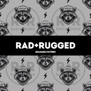 May include: Seamless pattern featuring a raccoon wearing sunglasses and a "Feral Kid" cap. The design includes lightning bolts and the text "RAD+RUGGED" on a gray background. The words "SEAMLESS PATTERN" are also present.