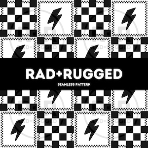 Puede incluir: Patrón repetitivo con cuadrados a cuadros en blanco y negro y motivos de rayos. El texto "RAD+RUGGED" se muestra en blanco sobre una pancarta negra, con "SEAMLESS PATTERN" debajo. Adecuado para diversas aplicaciones.