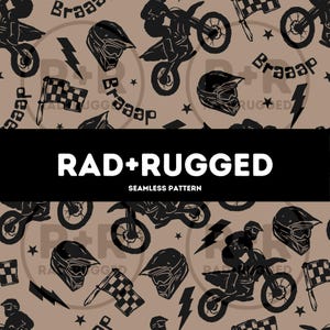 Może przedstawiać: Bezszwowy wzór z czarnymi sylwetkami motocykli, kaskami, szachownicami i błyskawicami na beżowym tle. Tekst "RAD+RUGGED" jest wyświetlany w czarnym prostokącie, z napisem "SEAMLESS PATTERN" poniżej.
